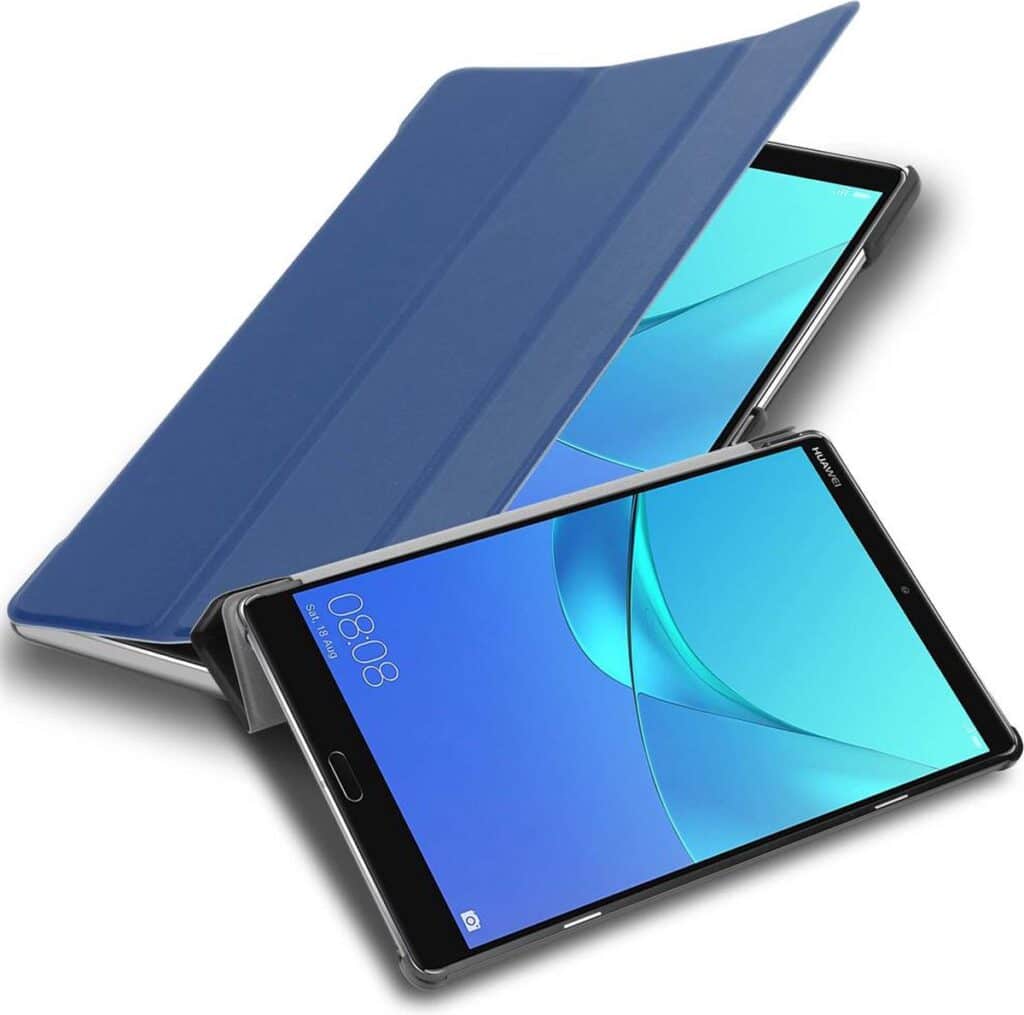 Blauwe tabletcover met openstaande tablet.