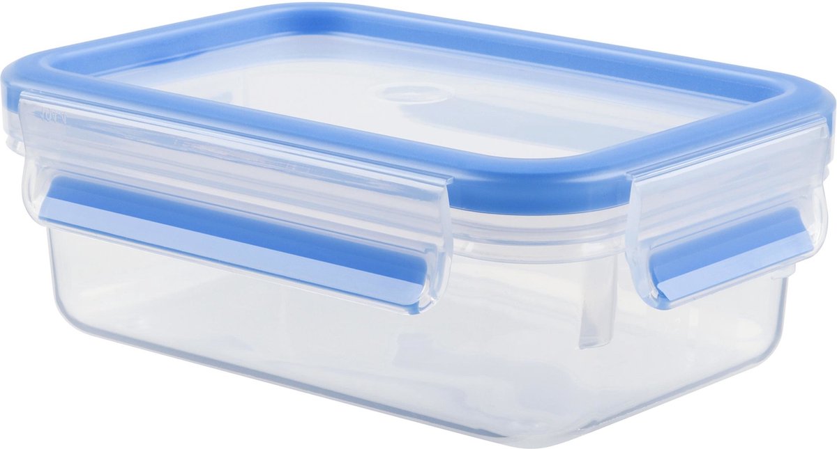 Transparante plastic bewaardoos met blauw deksel.