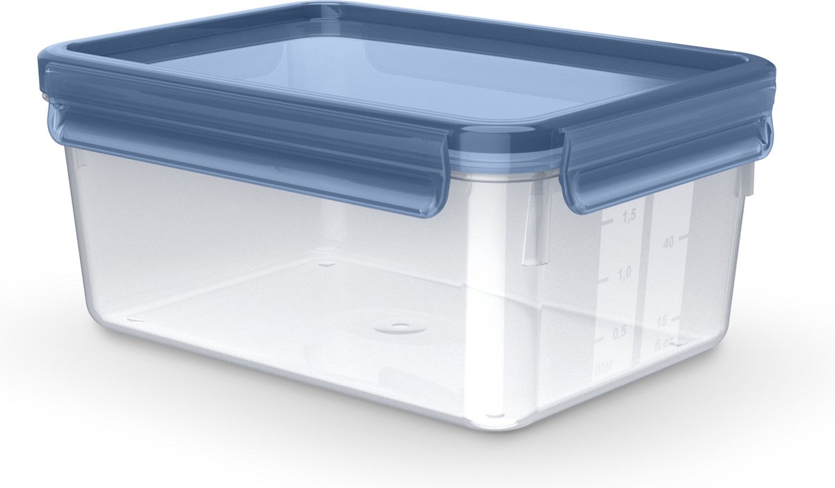 Doorzichtige plastic doos met blauwe deksel.