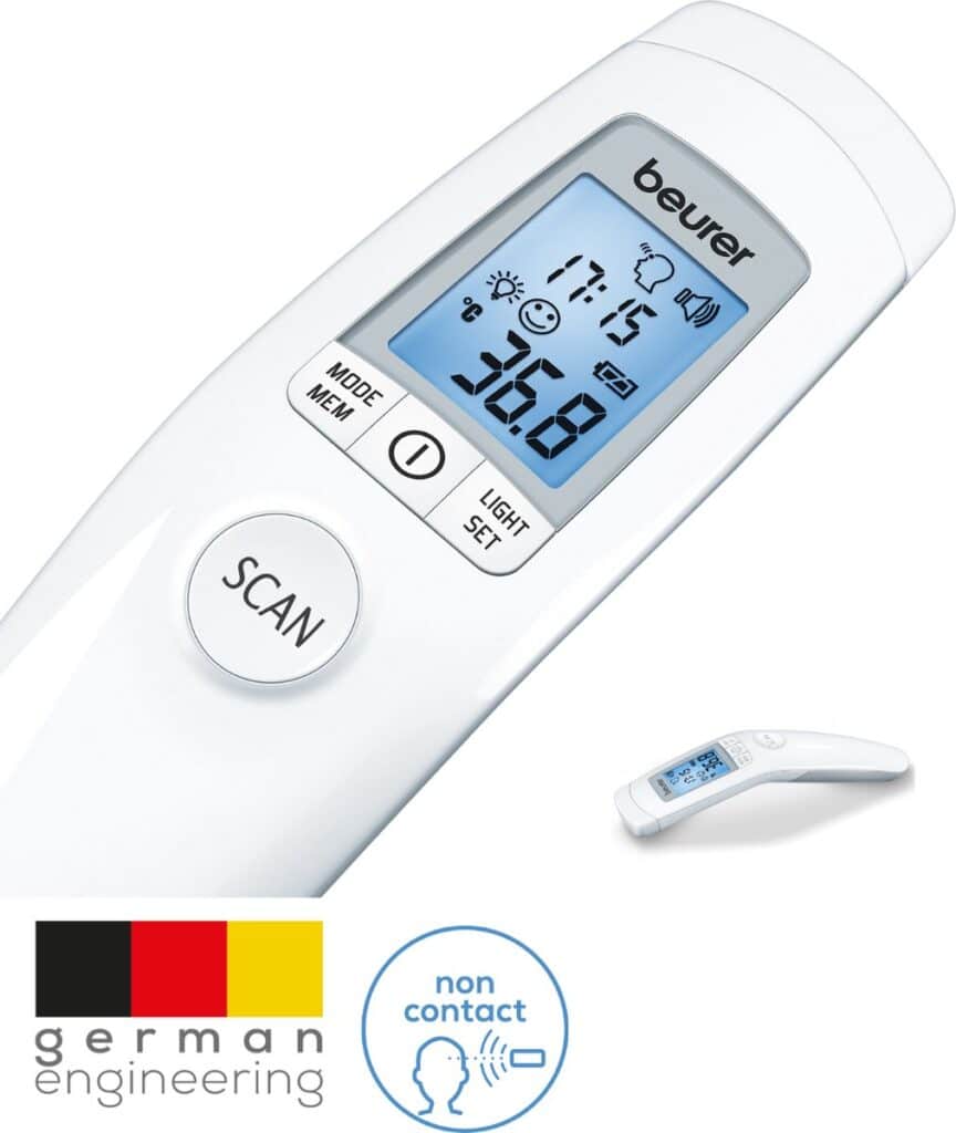 Digitale contactloze thermometer met display en scanfunctie.