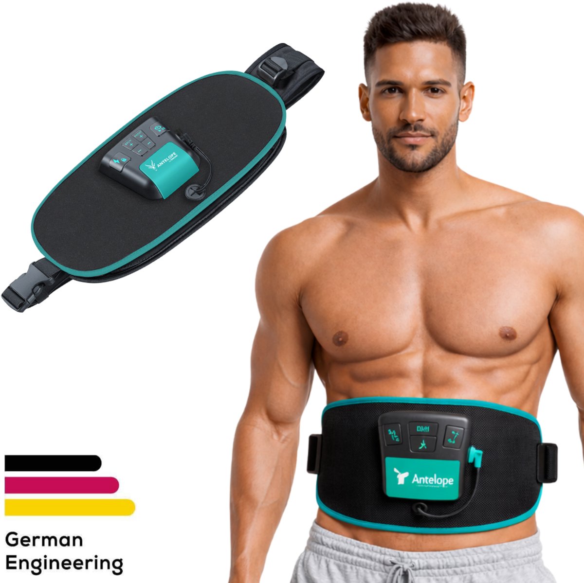 Un homme porte un stimulateur électrique des abdominaux muni d'un panneau de commande