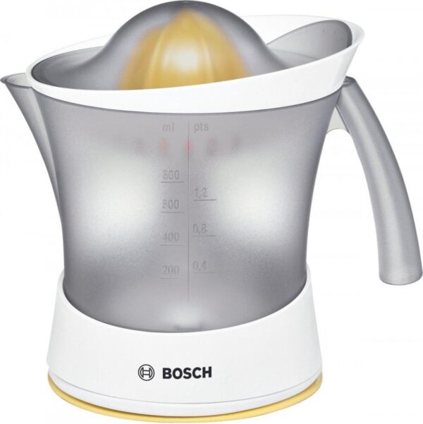 Bosch citruspers met transparante maatbeker en handvat.