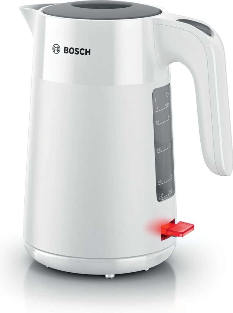 Witte waterkoker met logo en maatstreepjes