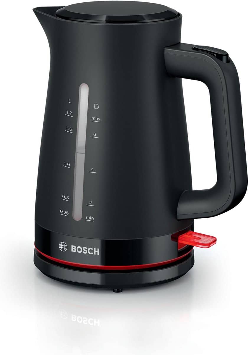 Zwarte elektrische waterkoker met rood accent, Bosch merk