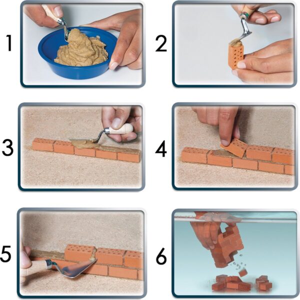 Stap-voor-stap miniatuur metselwerk instructies met bakstenen.