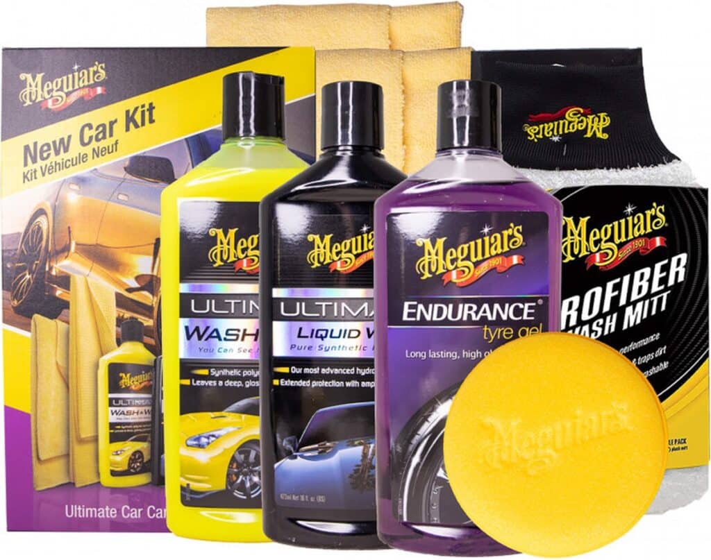 Meguiar's autoverzorgingsset met verschillende producten.