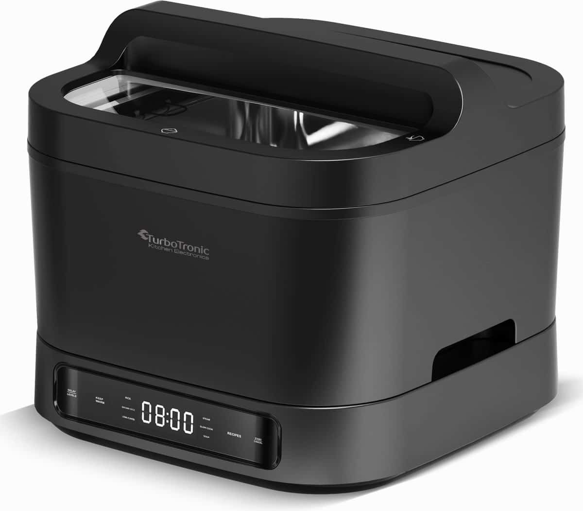 Zwarte keukenmachine met digitaal display en deksel.