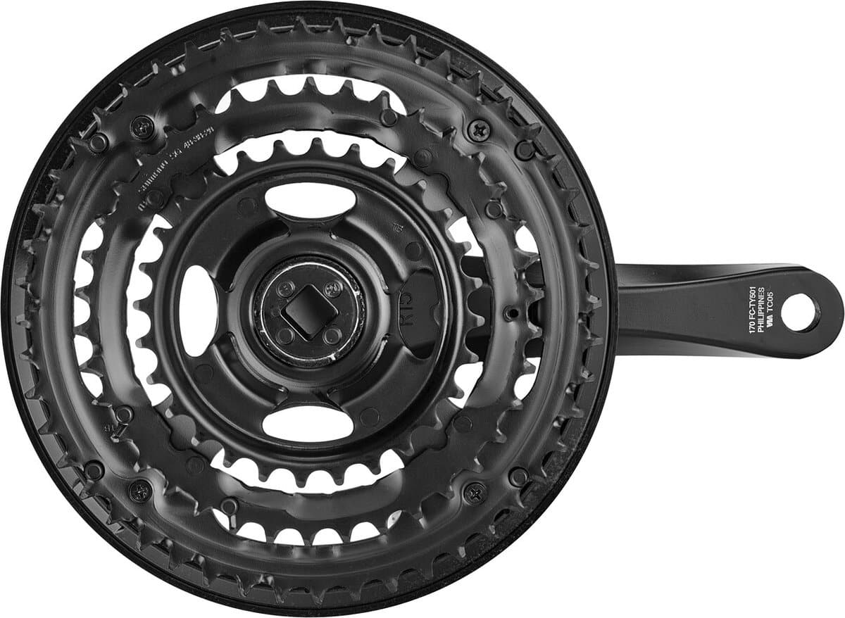 Zwart fiets tandwiel met meerdere kettingbladen.