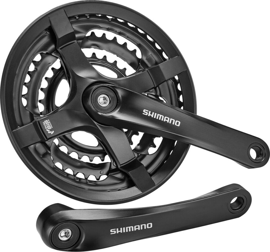 Zwarte Shimano crankset met kettingbladen
