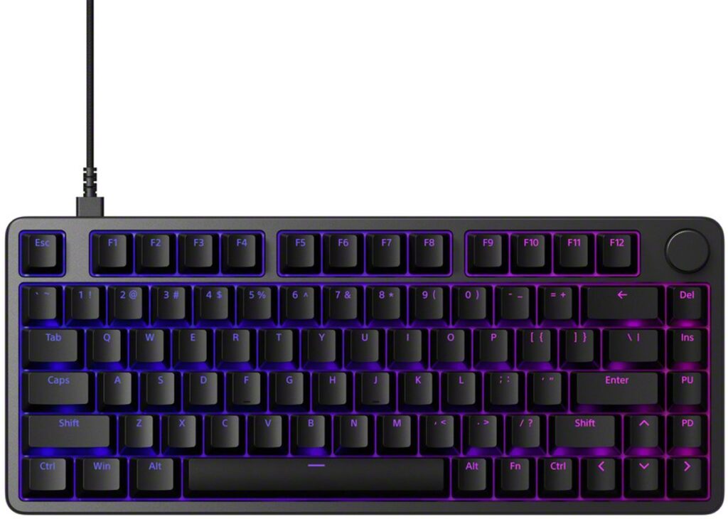 Compact mechanical keyboard with purple RGB lighting