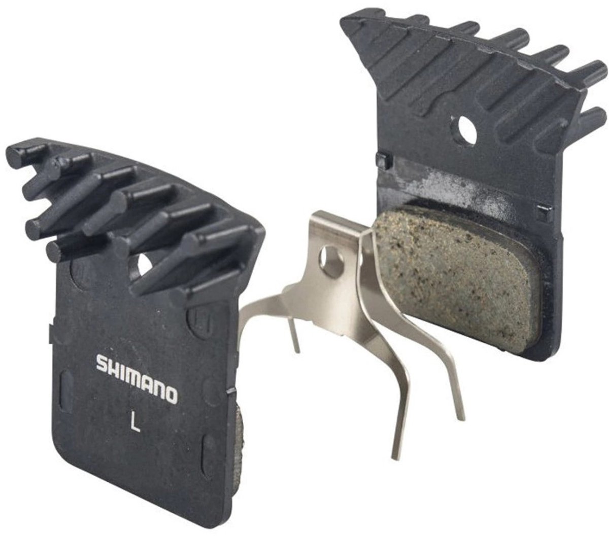 Shimano disc brake pads with cooling fins and spring clip