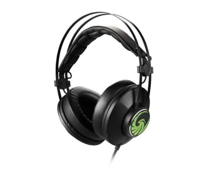 Zwarte koptelefoon met groen logo op oorschelpen.