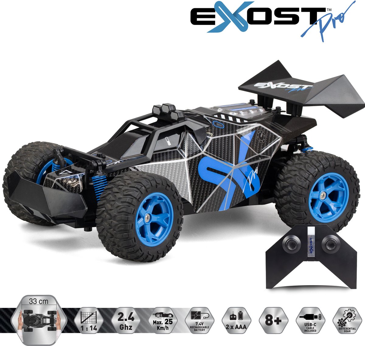 Zwarte en blauwe EXOST Pro RC buggy