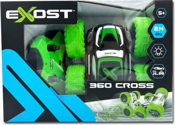 Exost 360 Cross speelgoedauto in verpakking, groene wielen.