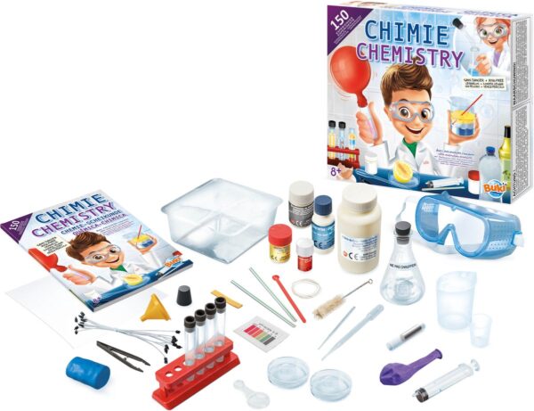 Chemieset voor kinderen met experimenten en veiligheidsbril.