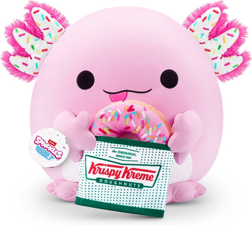 Pink axolotl plush toy with a donut and sprinkles