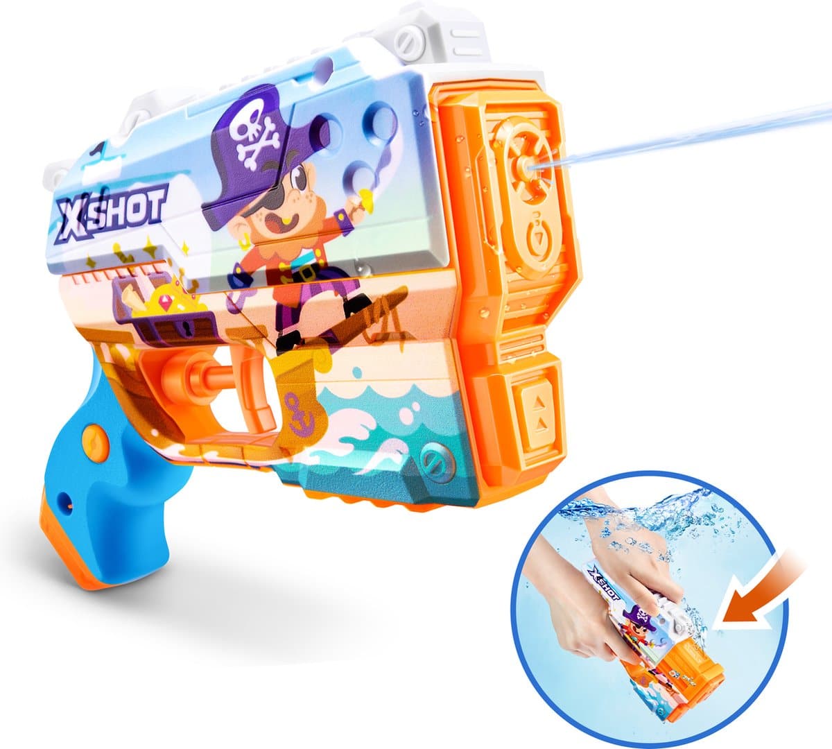 Toy water pistol with pirate theme, close-up image.