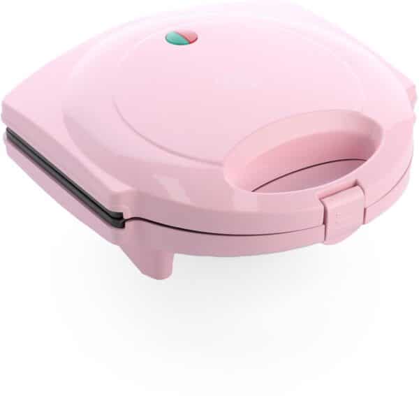 Roze sandwichmaker met handgreep en indicatielampjes.