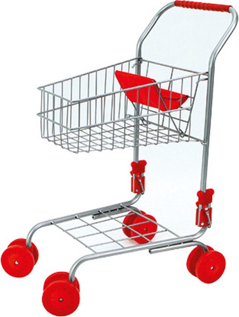 Speelgoedwinkelwagen met rode wielen en handvat.