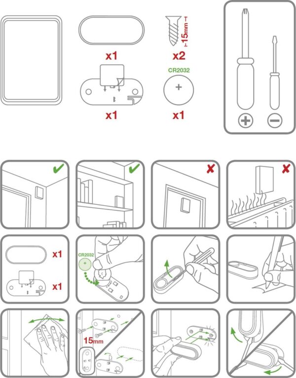 Installatie-instructies apparaat met schroeven en batterij.