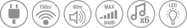 Pictogrammen voor opladen, bereik, volume, decibel, muziek, LED.