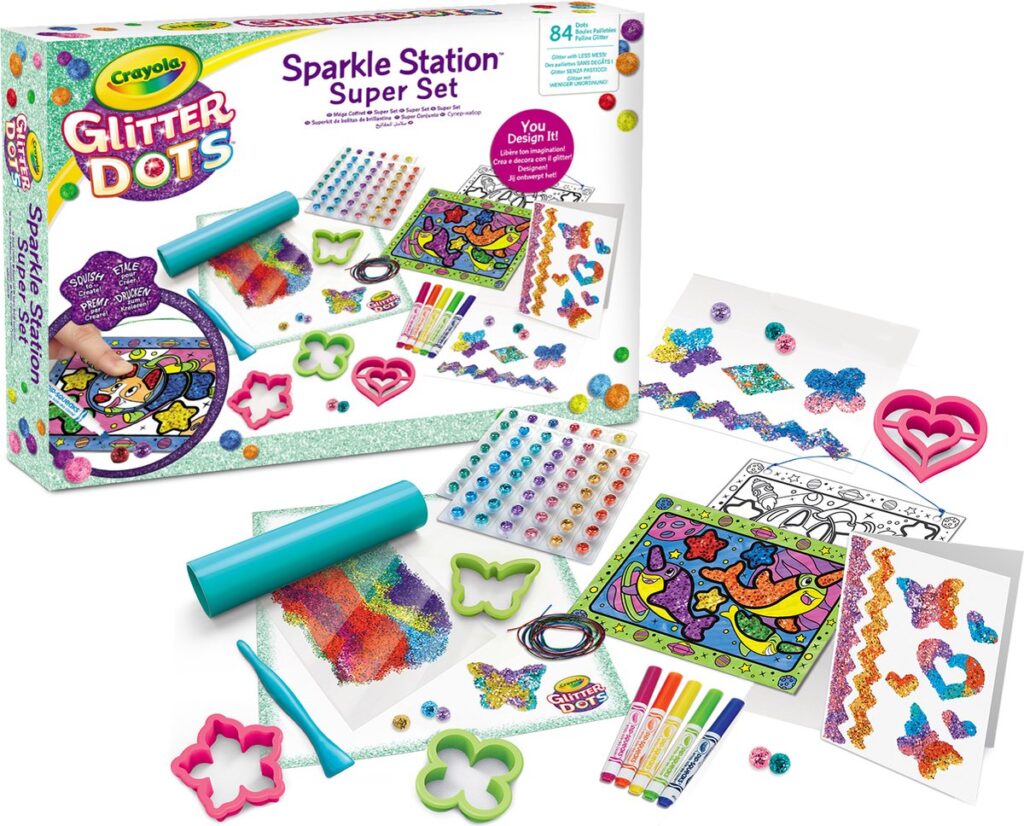 Crayola Glitter Dots knutselset met kleuren en vormen.