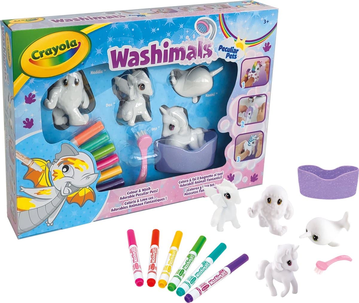 Crayola Washimals speelset met dieren en stiften.