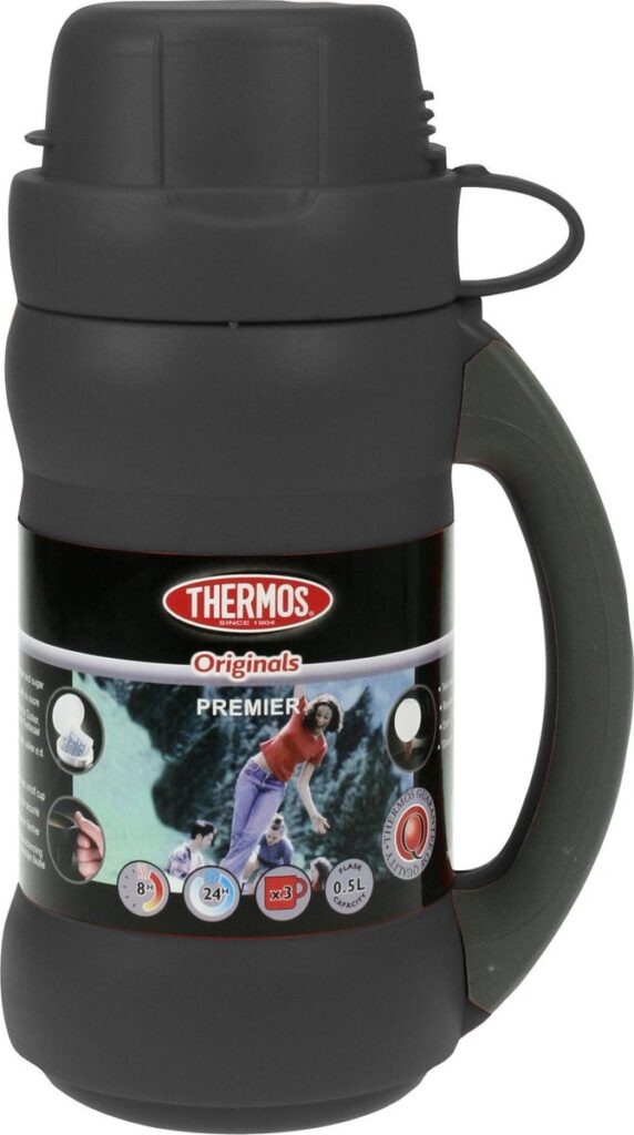 Zwarte thermosfles met handvat, thermos label zichtbaar.