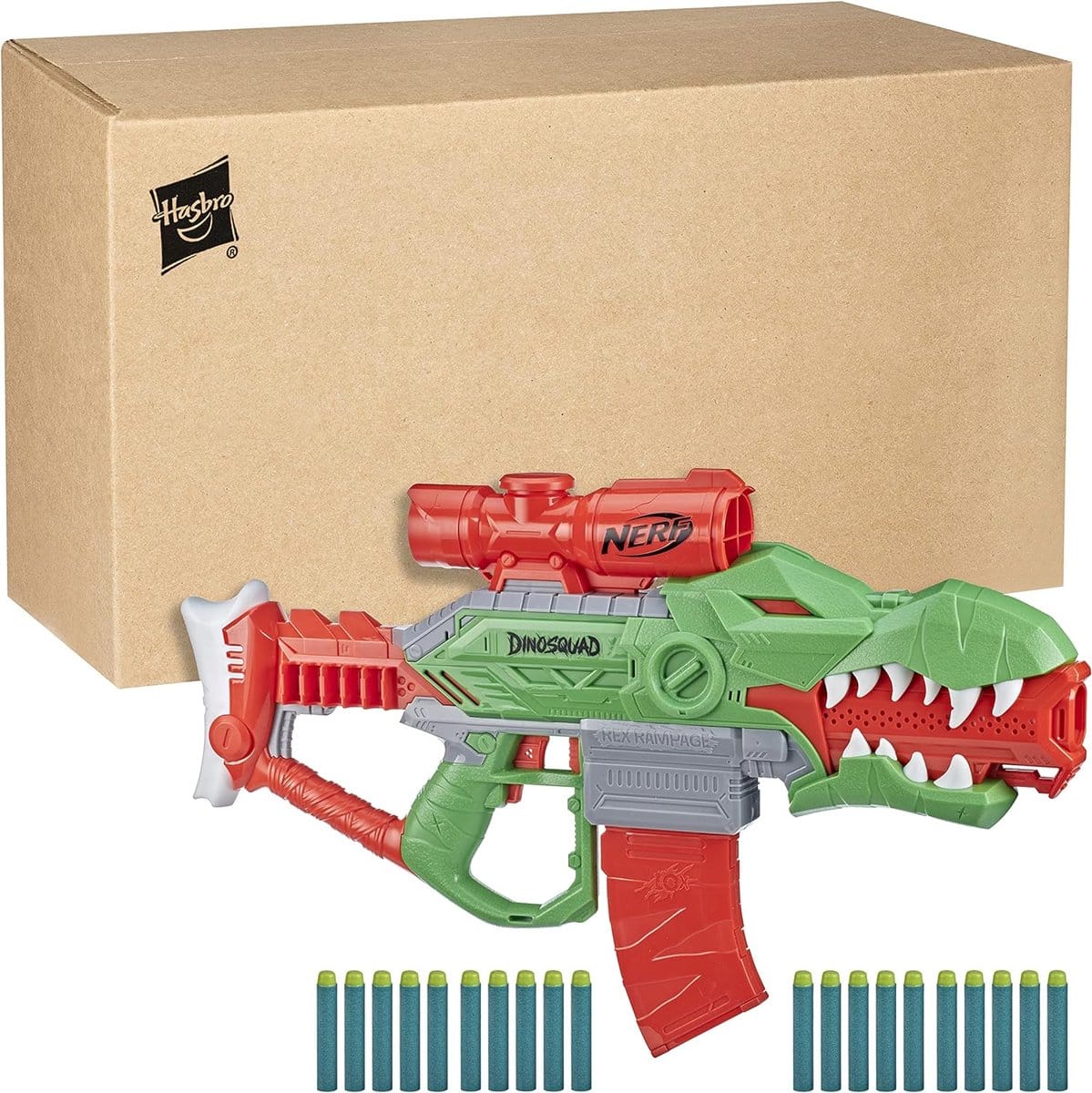 Nerf dinosaurus speelgoed met patroonpakket en doos.