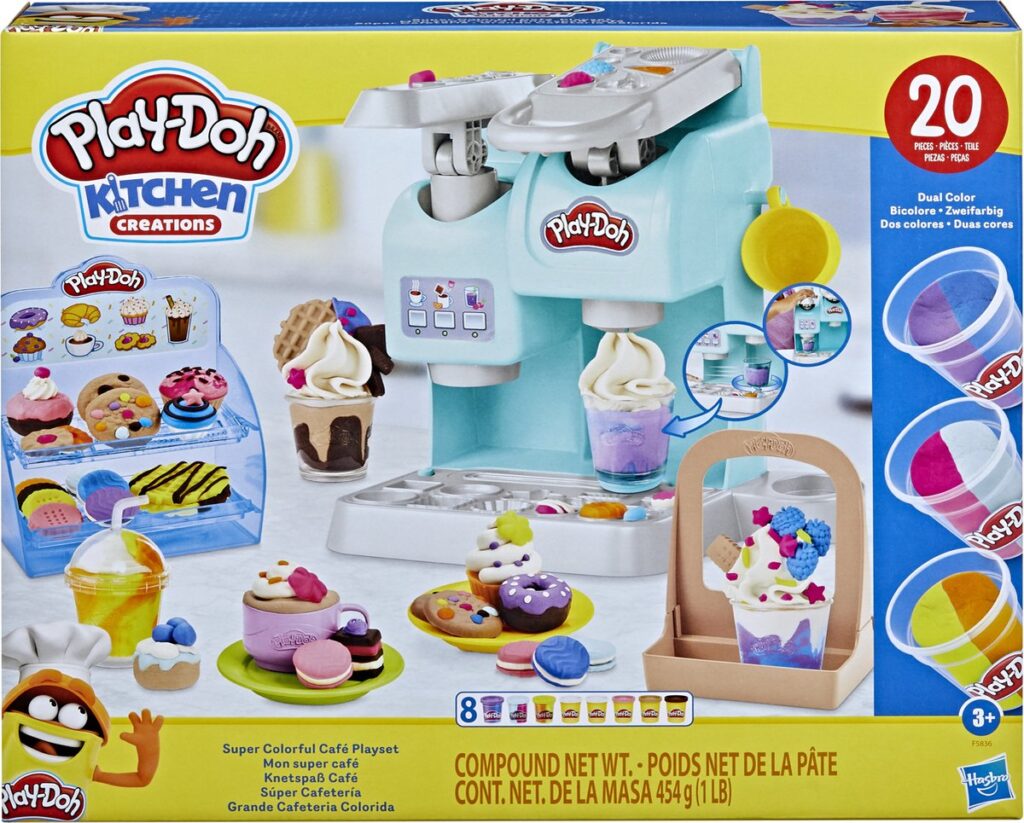 Speelgoed café playset met kleurrijke Play-Doh creaties.