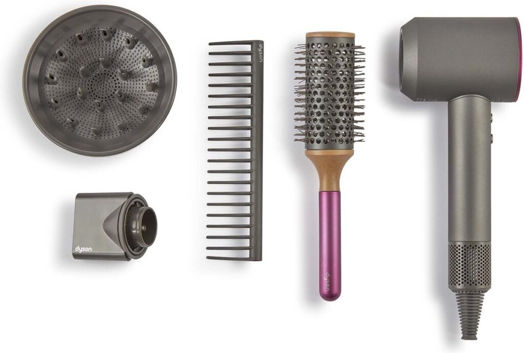 Hair dryer with diffuser, comb, round brush.