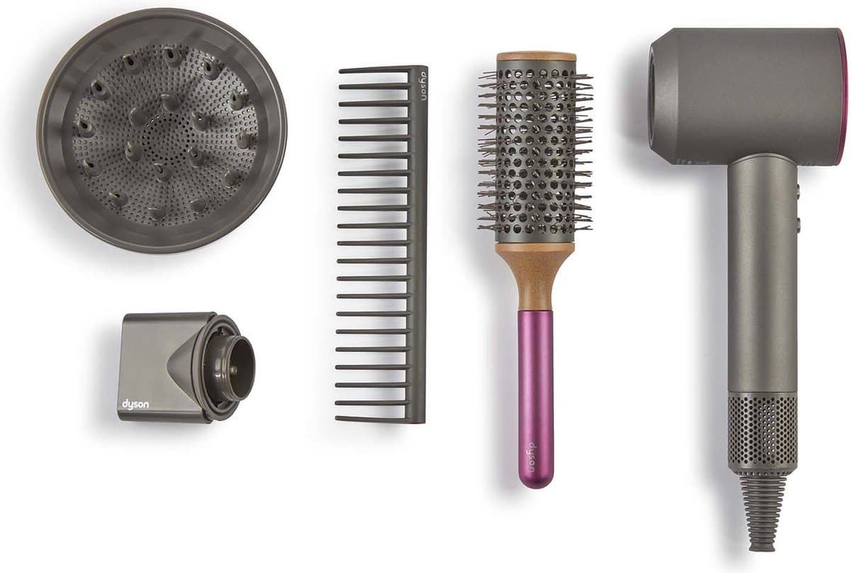 Hair dryer with diffuser, comb, round brush.