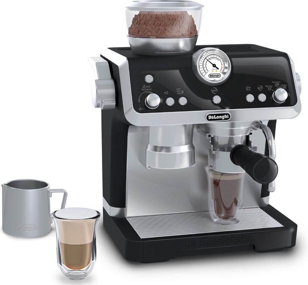 Espresso machine with ground coffee and milk jug