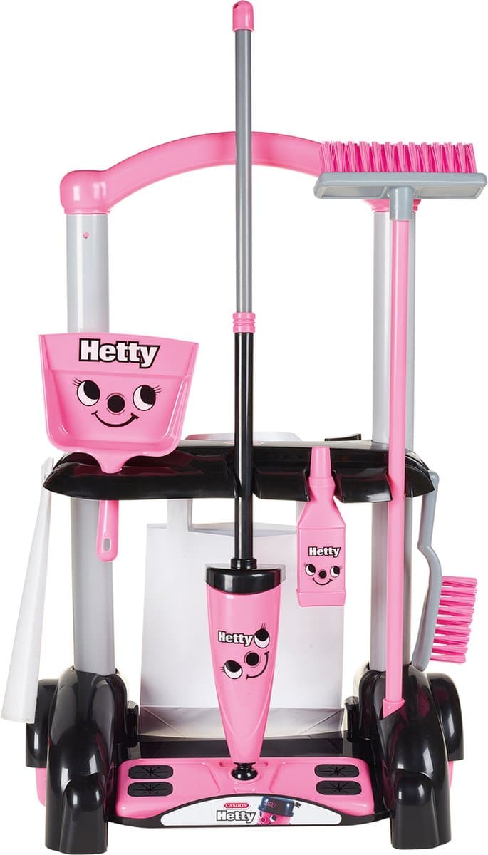 Roze schoonmaakspeelgoedset met lachende gezichten.