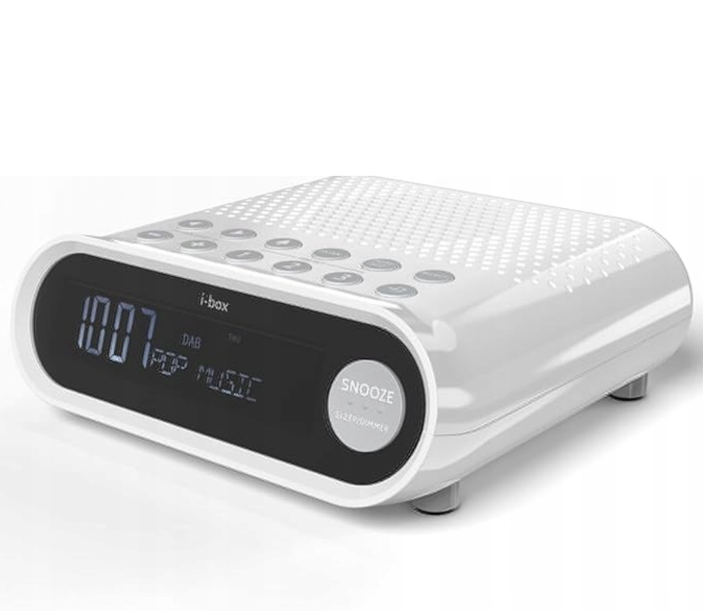 Digitale wekkerradio met snoozeknop en DAB-display.