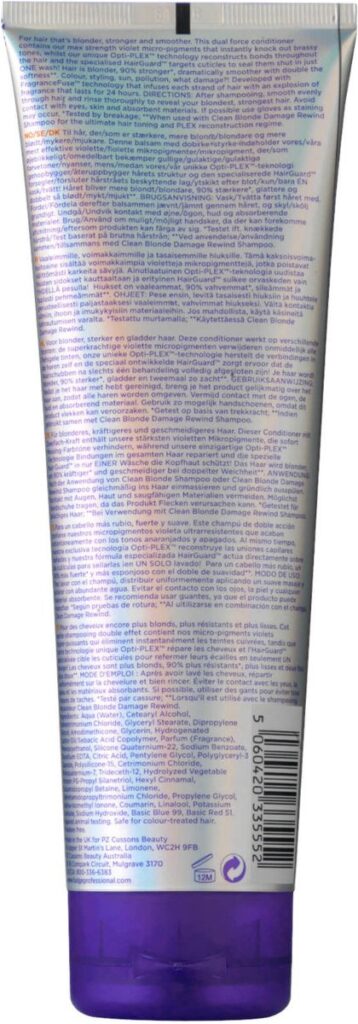 Achterkant van haarconditioner tube met tekst