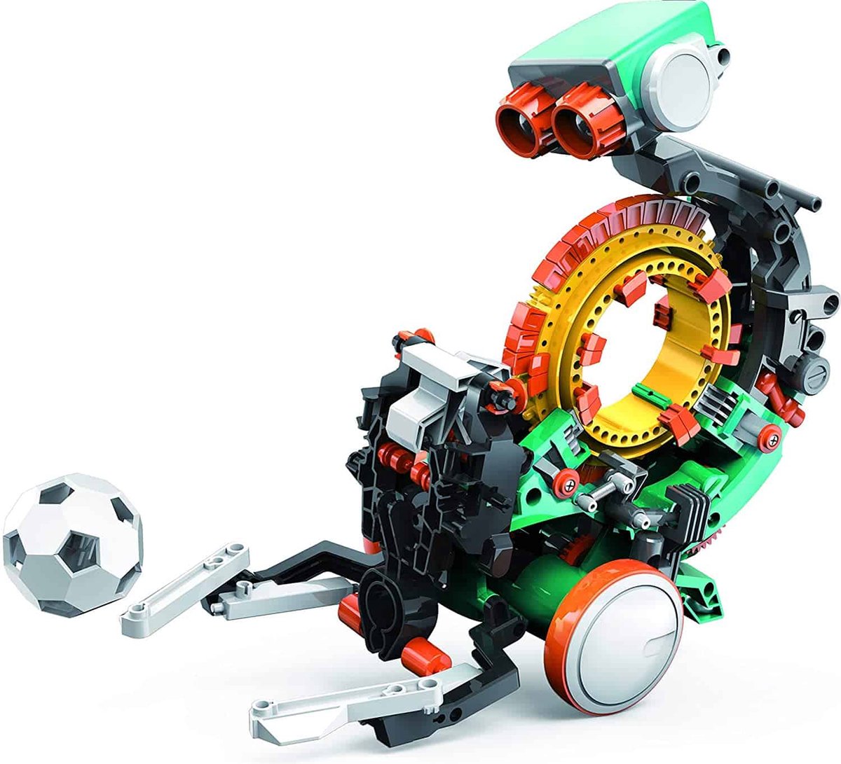 Kleurrijke bouwset-robot met tandwielen en voetbal