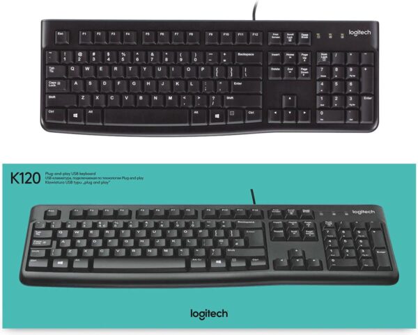 Zwart USB-toetsenbord, model K120 van Logitech.