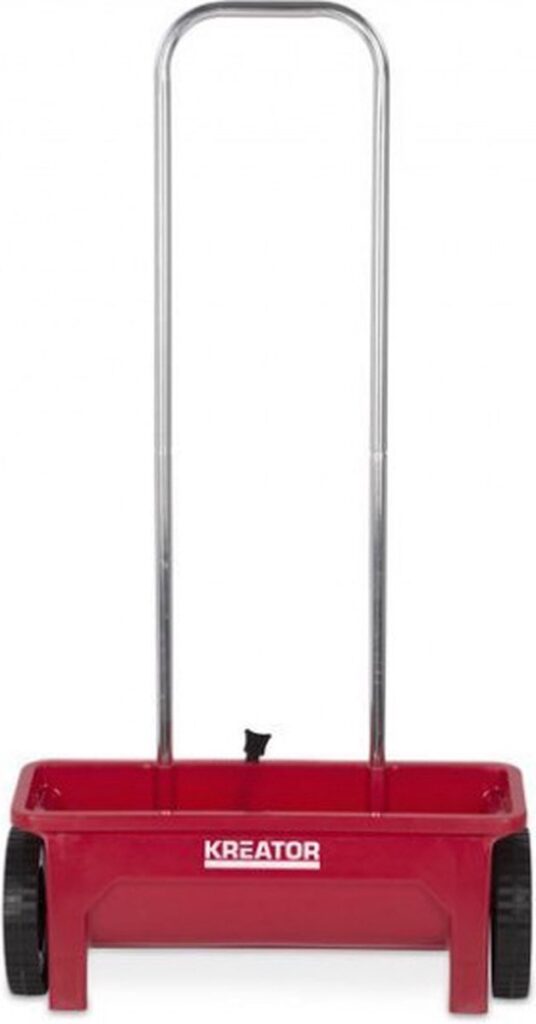 Rode strooiwagen met handvat op wielen.