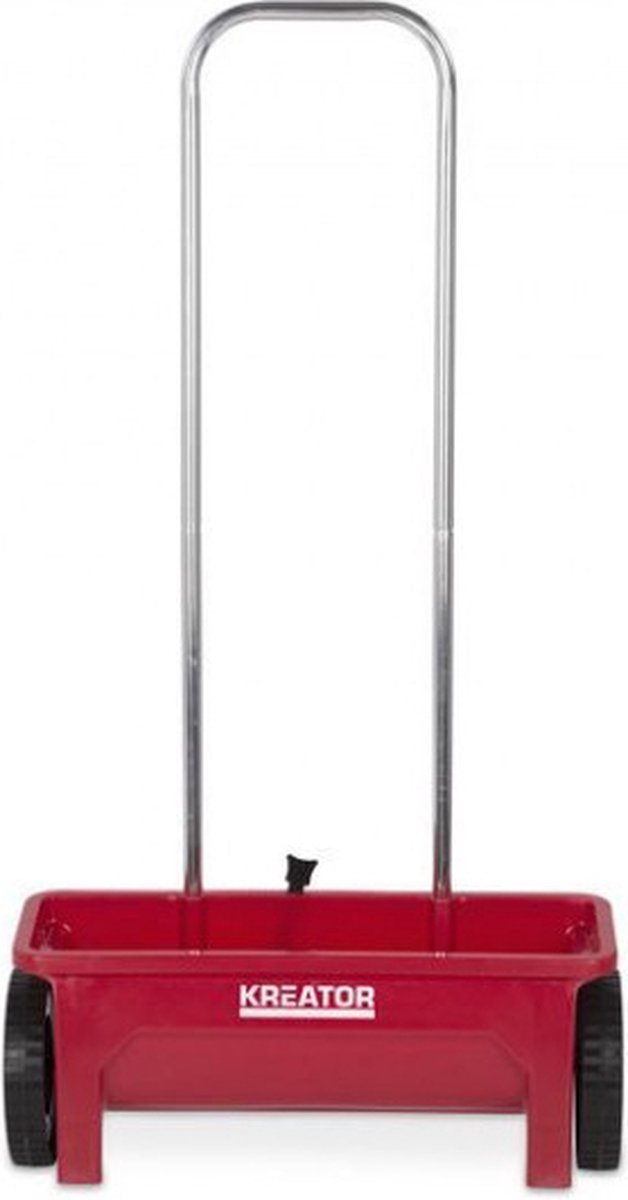 Rode strooiwagen met handvat op wielen.