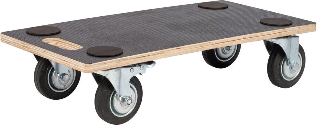 Houten transportkar met vier zwenkwielen en antislipoppervlak.