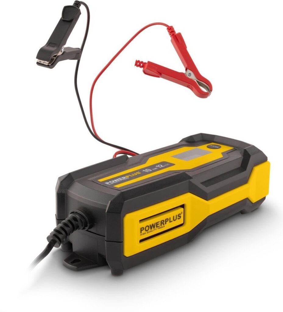 Batterijlader met klemmen, zwart en geel ontwerp.