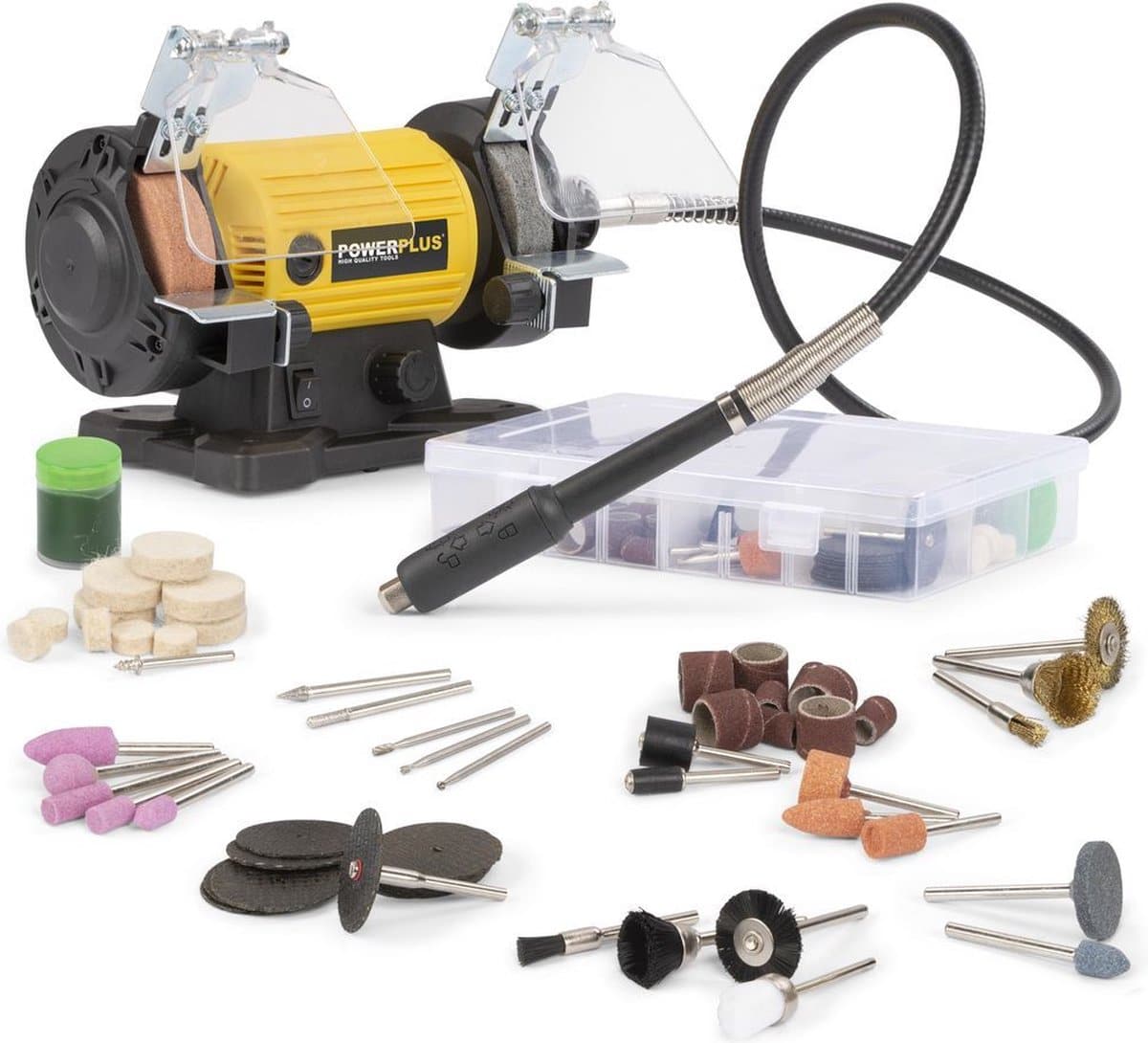 Multifunctionele graveermachine met diverse opzetstukken en accessoires.