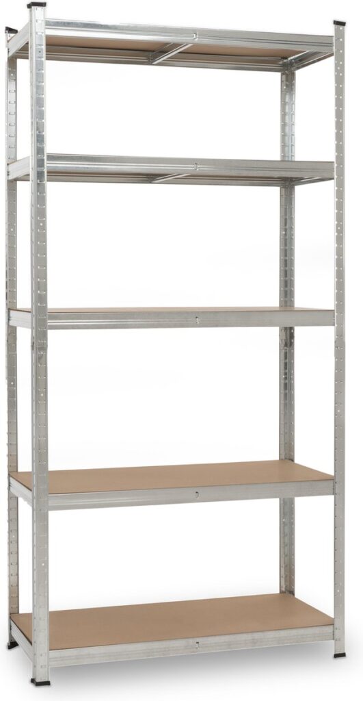 Metalen stellingkast met planken, vrijstaand.