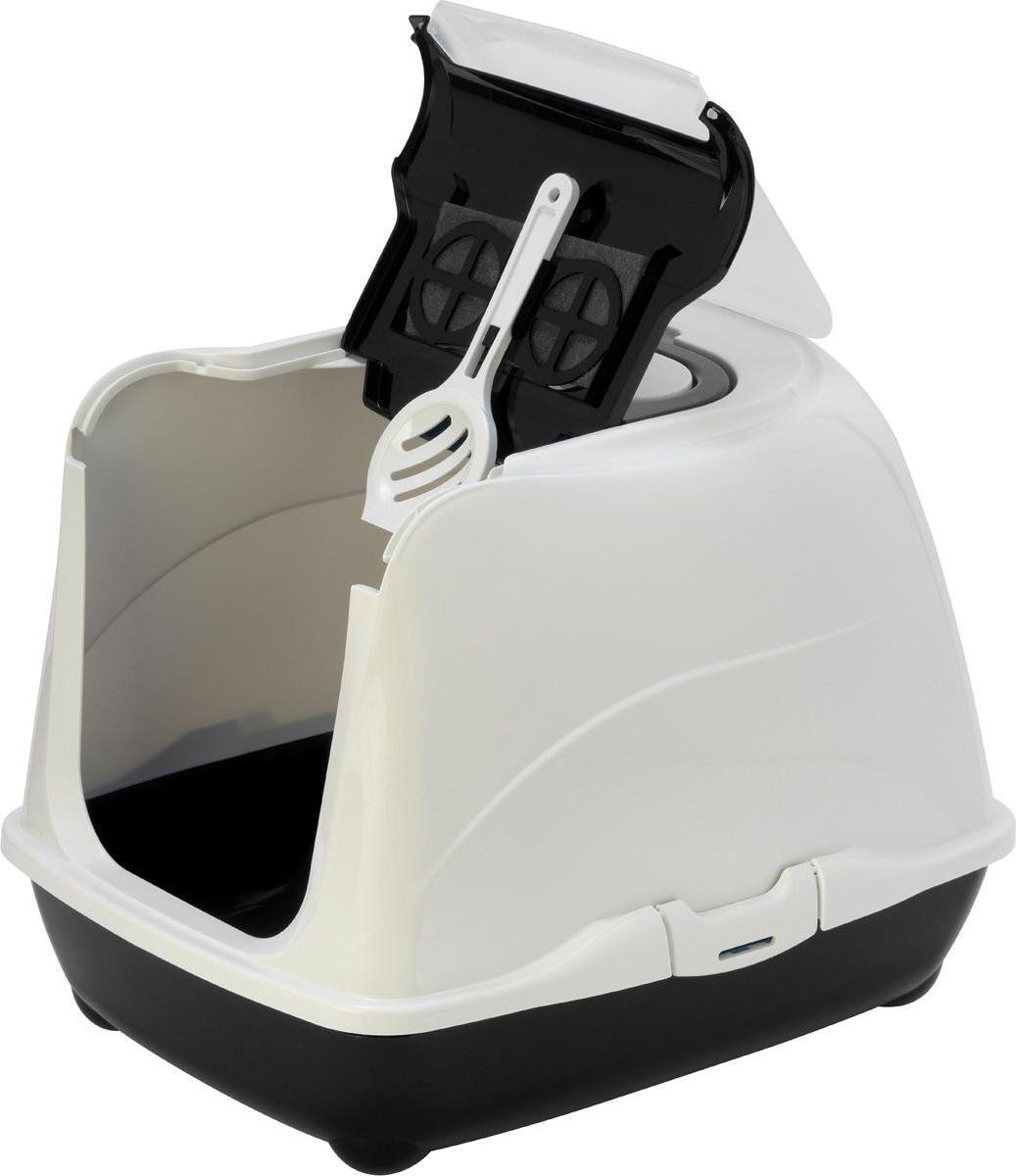 Kattenbak met deksel en schepje, zwart-wit design