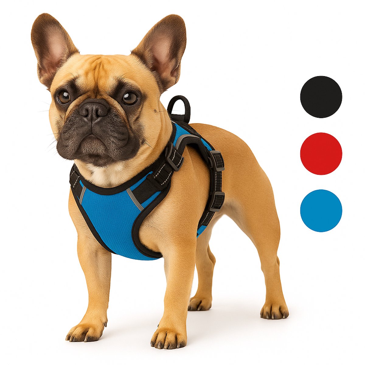 Franse bulldog met blauwe hondenharnas