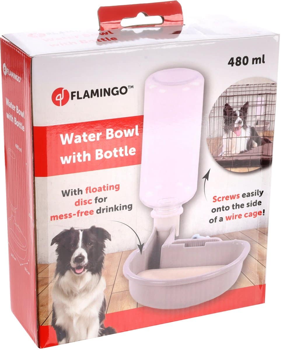 Waterbak met fles voor hond, 480 ml.