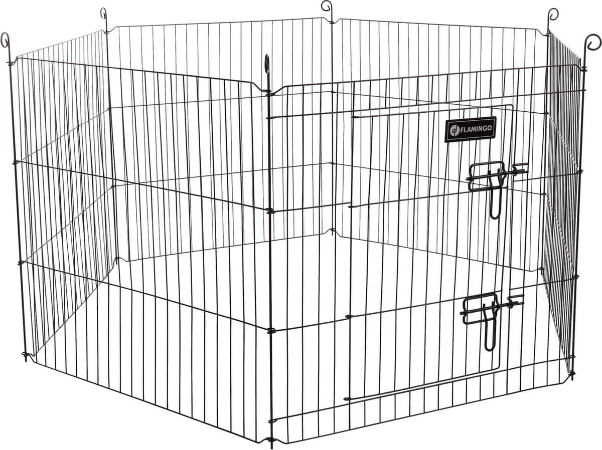 Zwarte metalen hondenren met hekjes, zes panelen.
