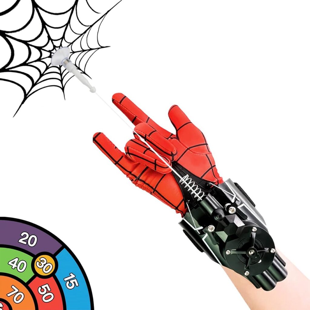 Spider-man handschoen schiet web op doelwit.