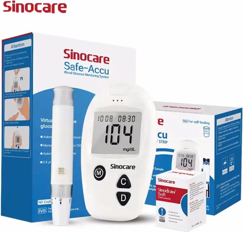 Sinocare glucosemeter en teststrips voor diabetescontrole.